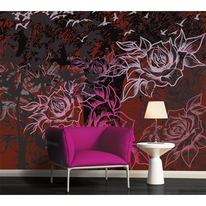 ARBRE ET OISEAUX ROSE SUR ROUGE